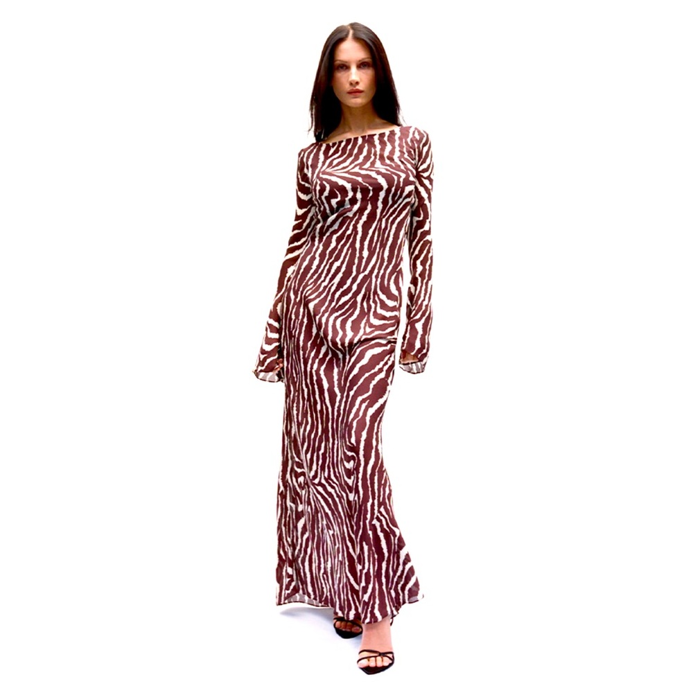 Realisation Par The Gia Dress Brown Animal Print Maxi Long Sleeve XXS 0